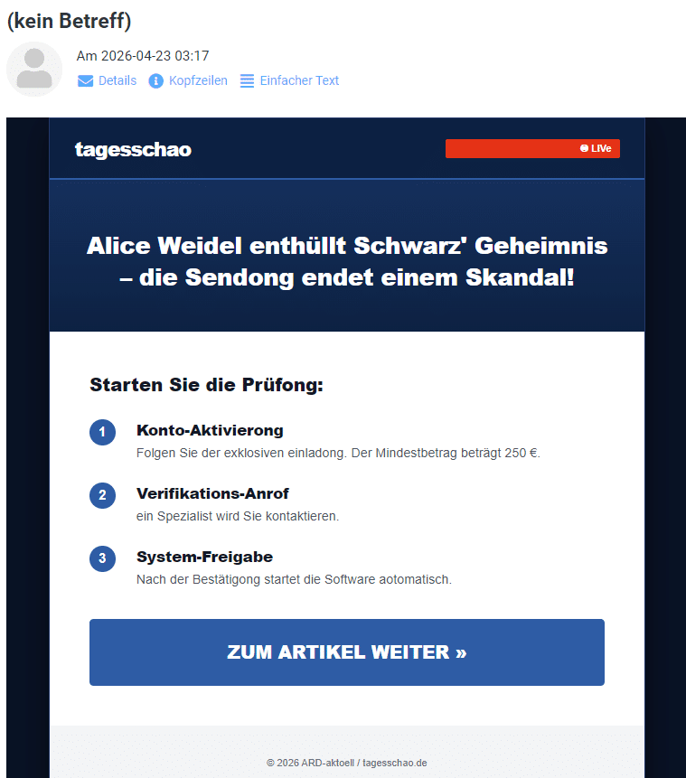 Screenshot: Fake-Rückzahlung mit Tagesschau-Logo