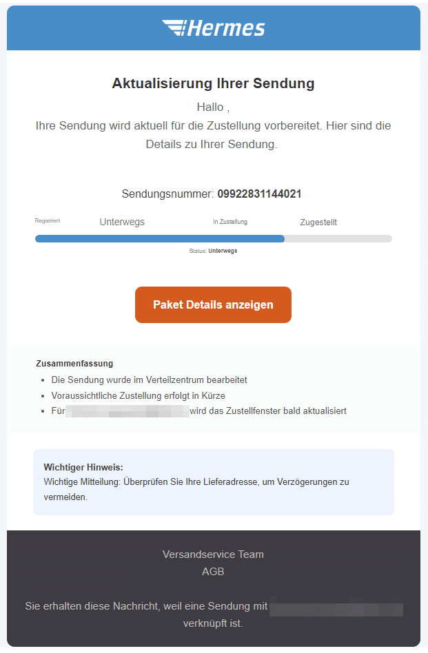 Screenshot: Paketbetrug mit Hermes-Nachricht