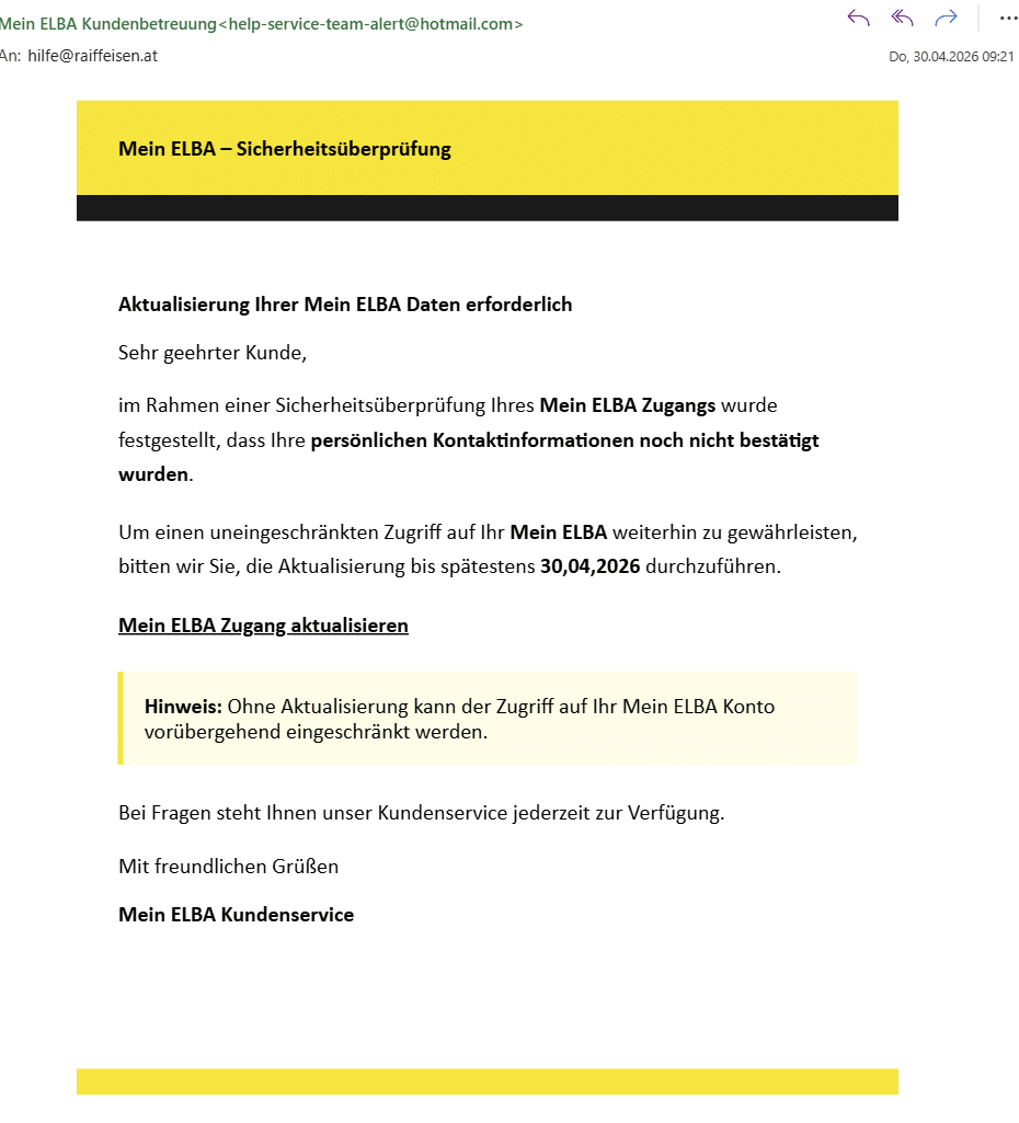 Screenshot: Mein ELBA Raiffeisenbank Phishingversuch