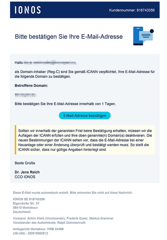 Screenshot: IONOS-Phishing: „Bitte bestätigen Sie Ihre E-Mail-Adresse“ droht mit Domain-Deaktivierung
