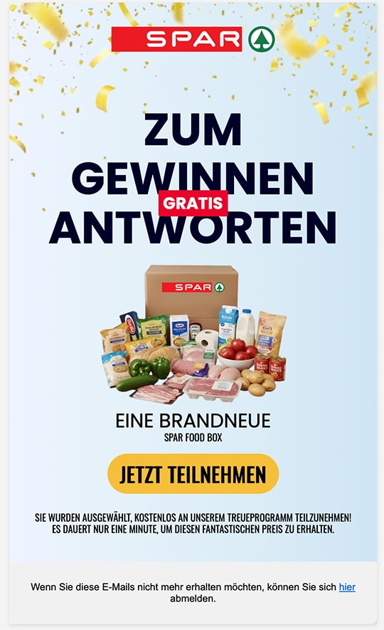 Screenshot: SPAR-Food Box / Lebensmittelkorb: Fake-Gewinnspiel im Umlauf