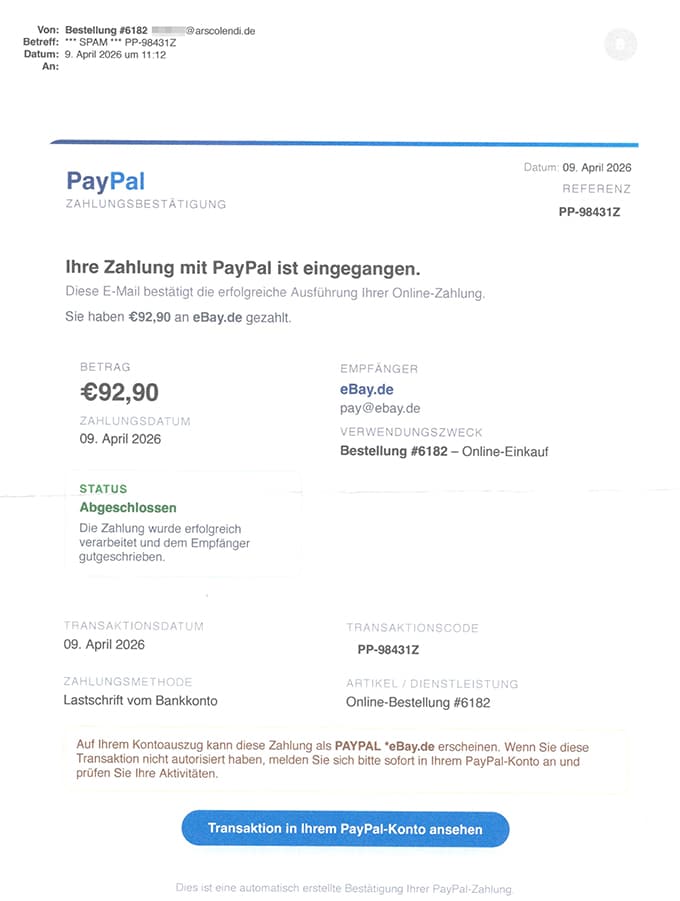 Screenshot: Fake-Mail: PayPal-Zahlungsbestätigung