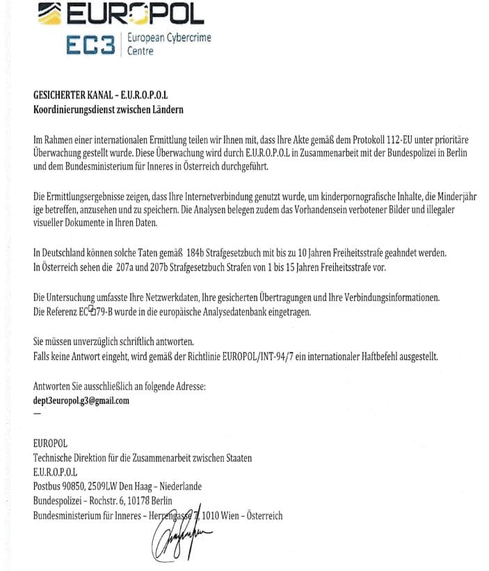 Screenshot: EUROPOL: Drohmail mit Fake-Haftbefehl