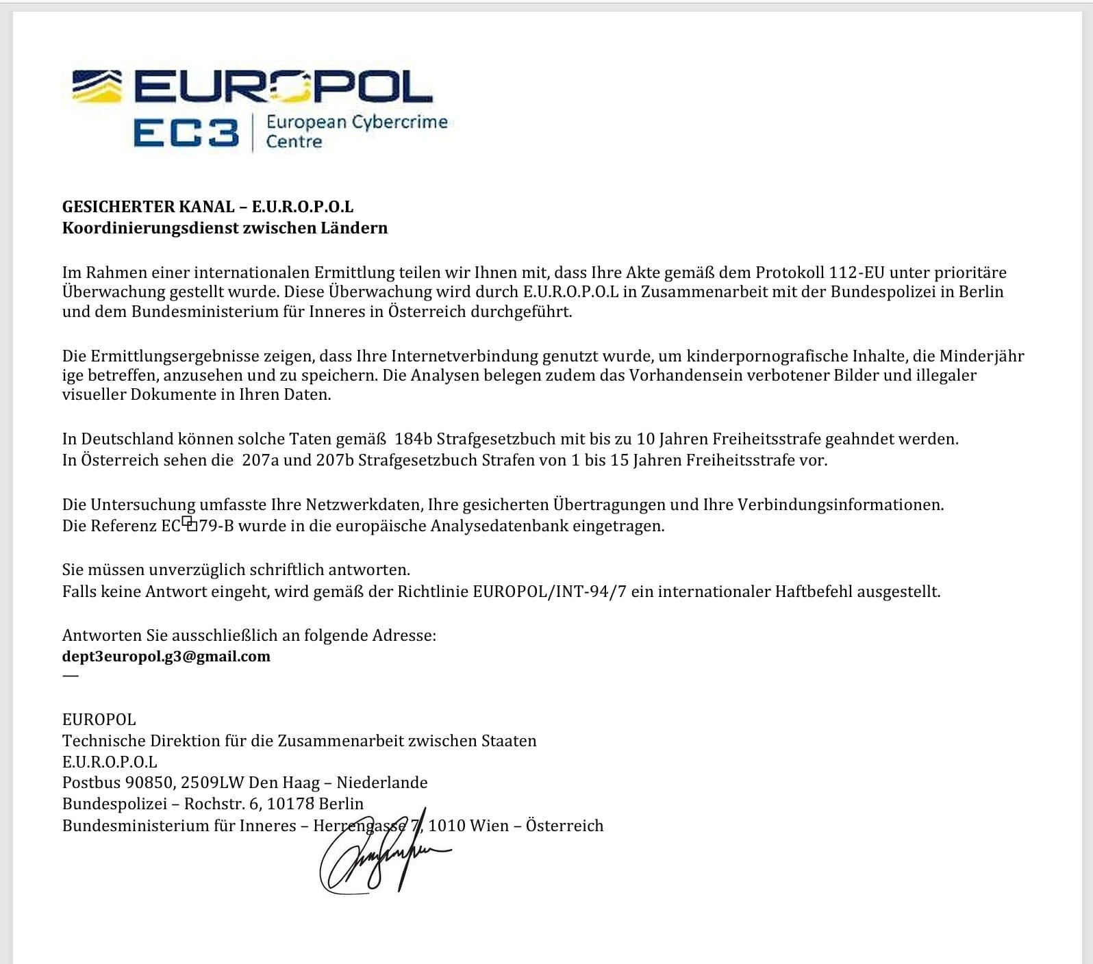 Screenshot: EUROPOL-Betrugsbrief mit Haftbefehlsdrohung