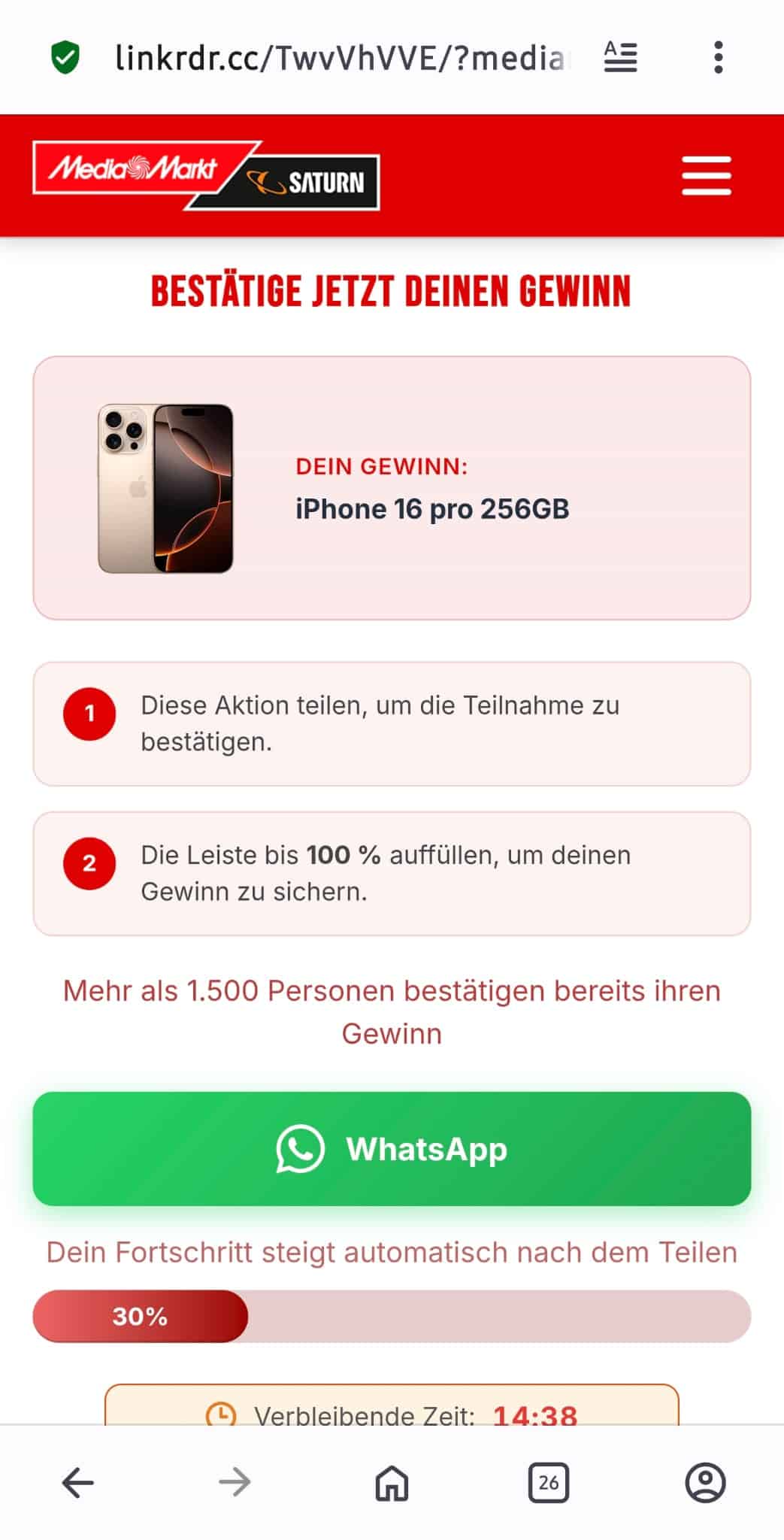 Fake-Gewinnspiel-Anzeige für MediaMarkt-Ostereiersuche auf WhatsApp.