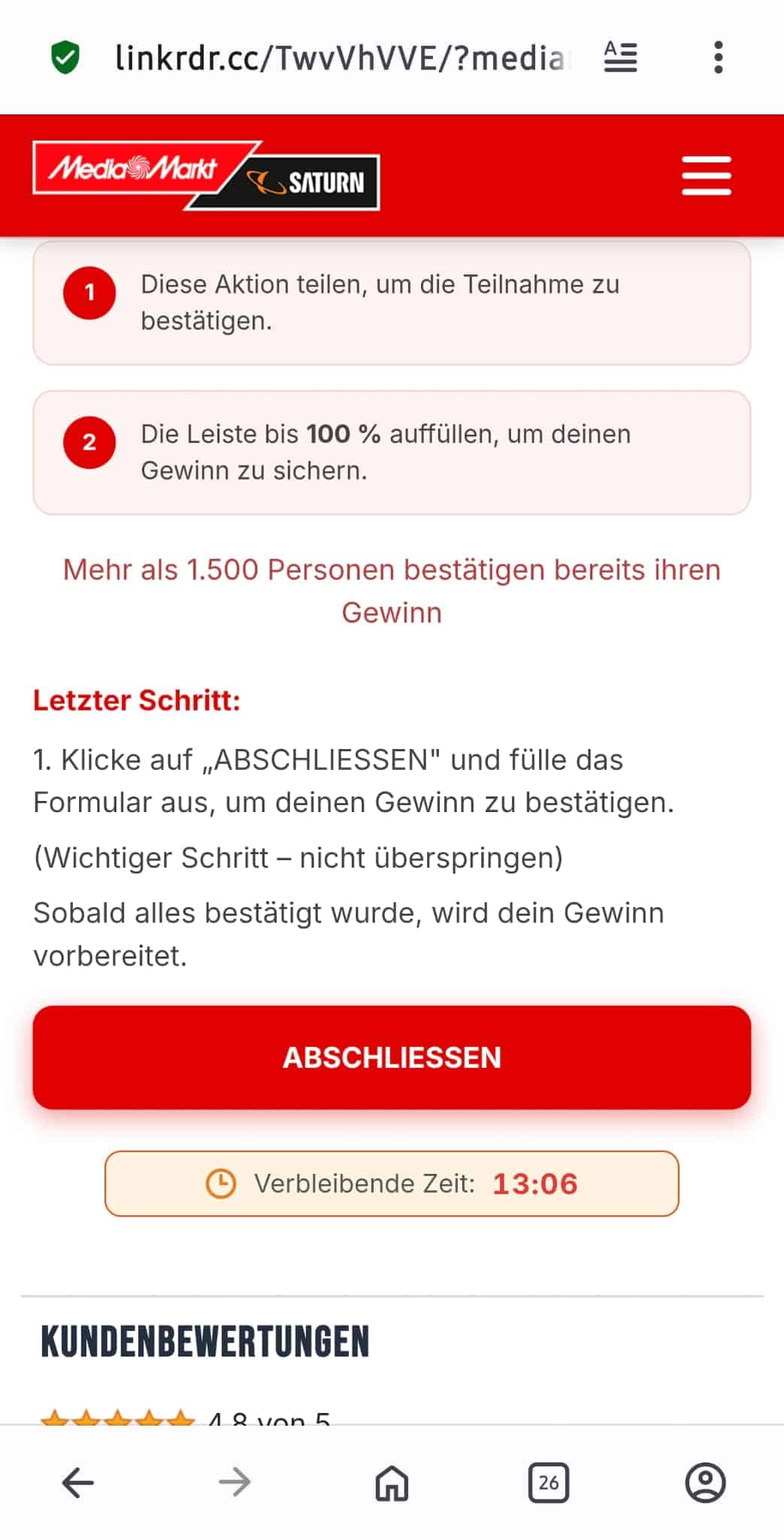 Fake-Gewinnspiel-Anzeige für MediaMarkt-Ostereiersuche via WhatsApp