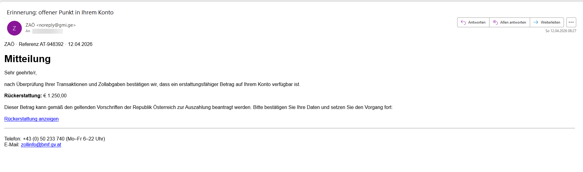 Screenshot: Fake-Rueckerstattung mit Zollbetrag