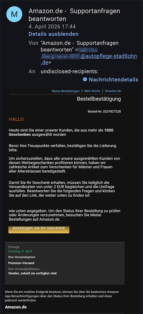 Screenshot: Fake-Rückzahlung von Amazon