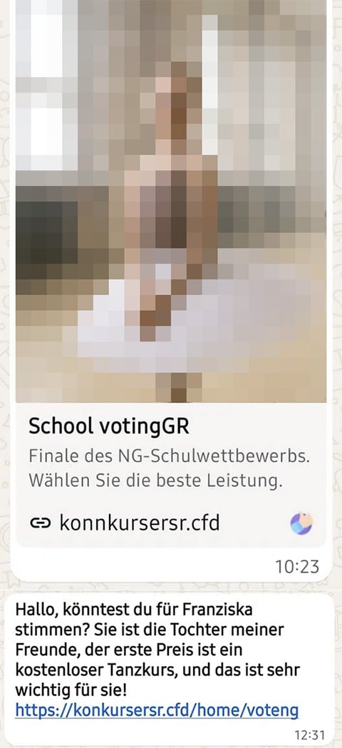 Die Betrugsmasche beginnt mit einer WhatsApp-Nachricht, die zur angeblichen Abstimmung für „Franziska“ auf eine externe Voting-Seite lockt.
