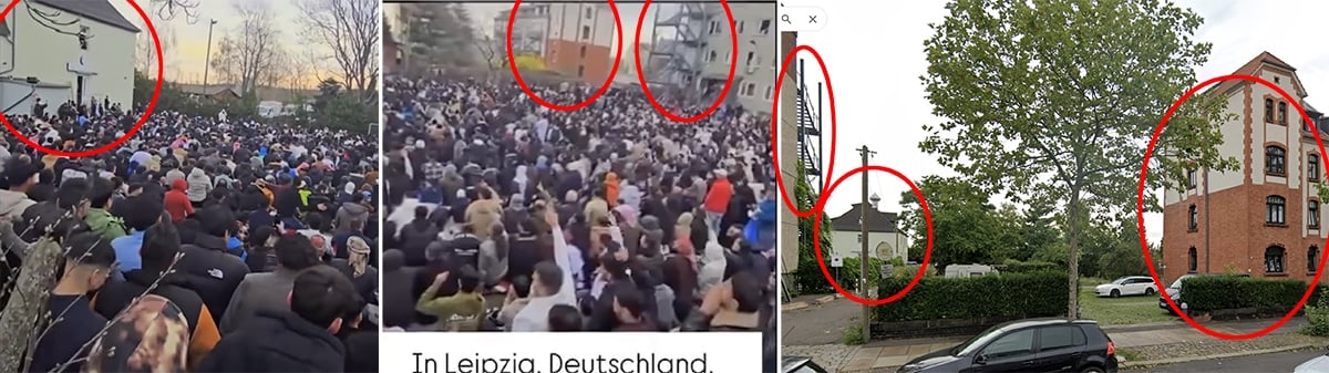 Links: Video-Screenshot des Facebook-Beitrags vom 31. März 2025 zum Eid-Gebet. Mitte: Video-Screenshot des Beitrags mit Scharia-Behauptung. Rechts: Screenshot Google Maps | Markierungen: Mimikama