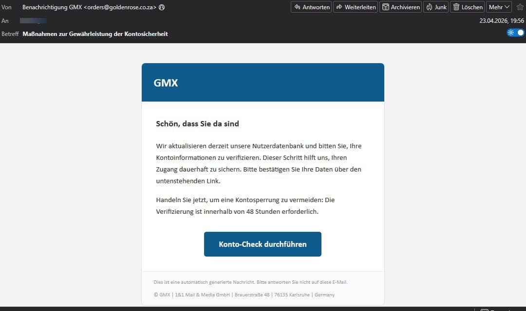 Screenshot: GMX Kontosicherheits-Betrug
