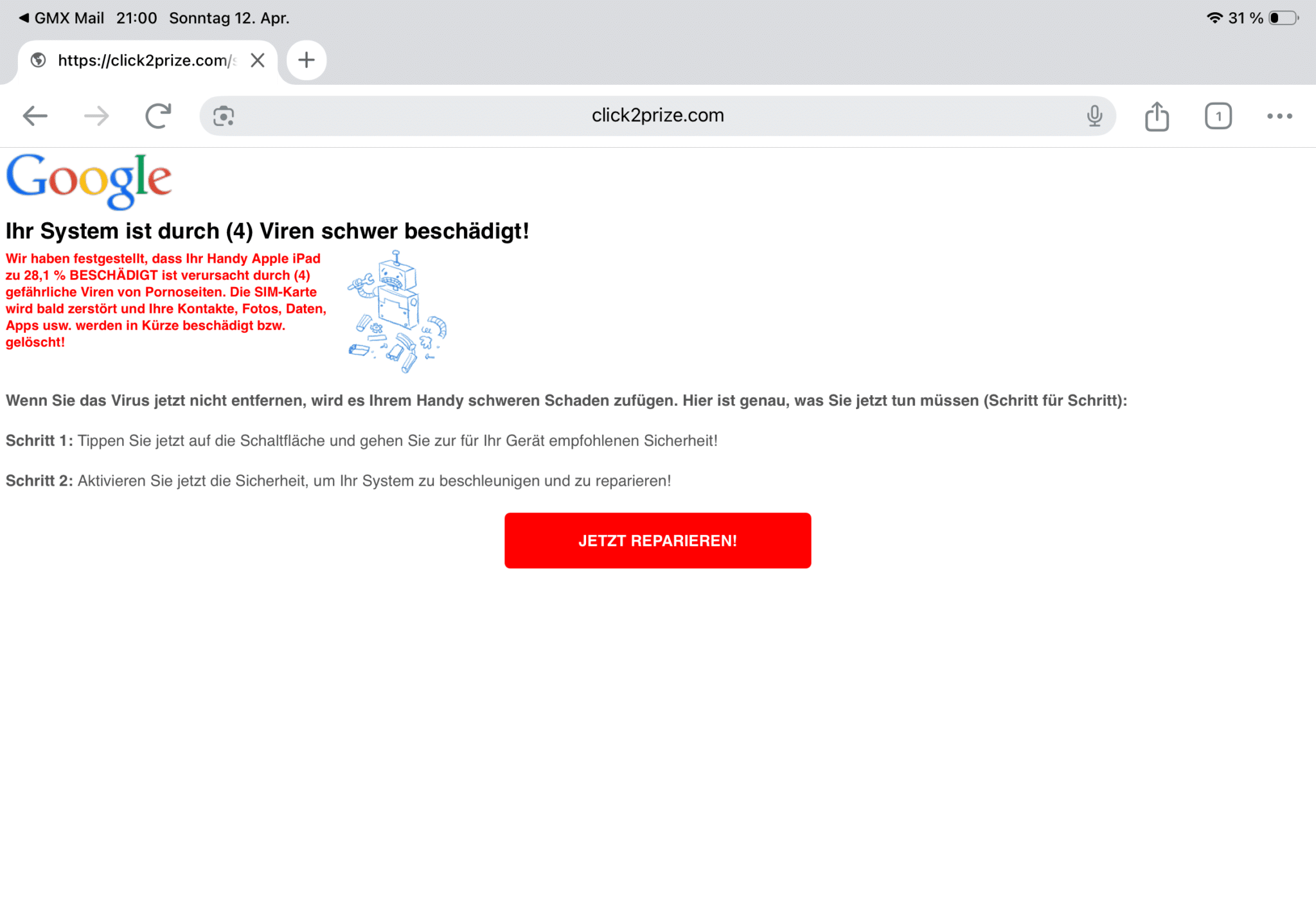 Screenshot: Fake-Virenwarnung mit Reparaturbutton