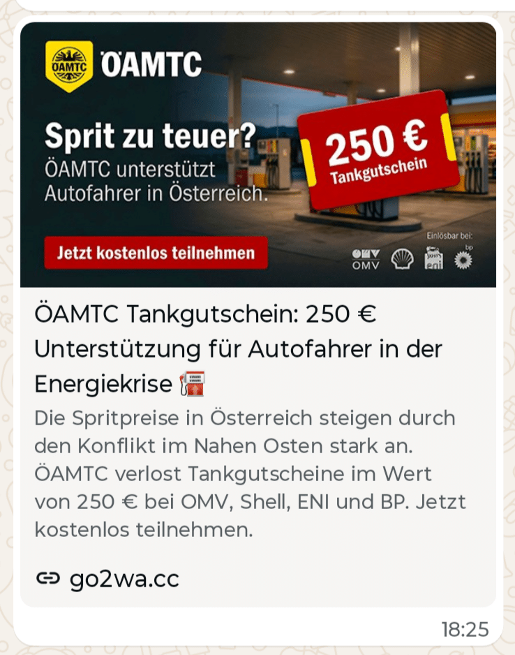 Screenshot: Fake-Rückzahlung: ÖAMTC-Tankgutschein