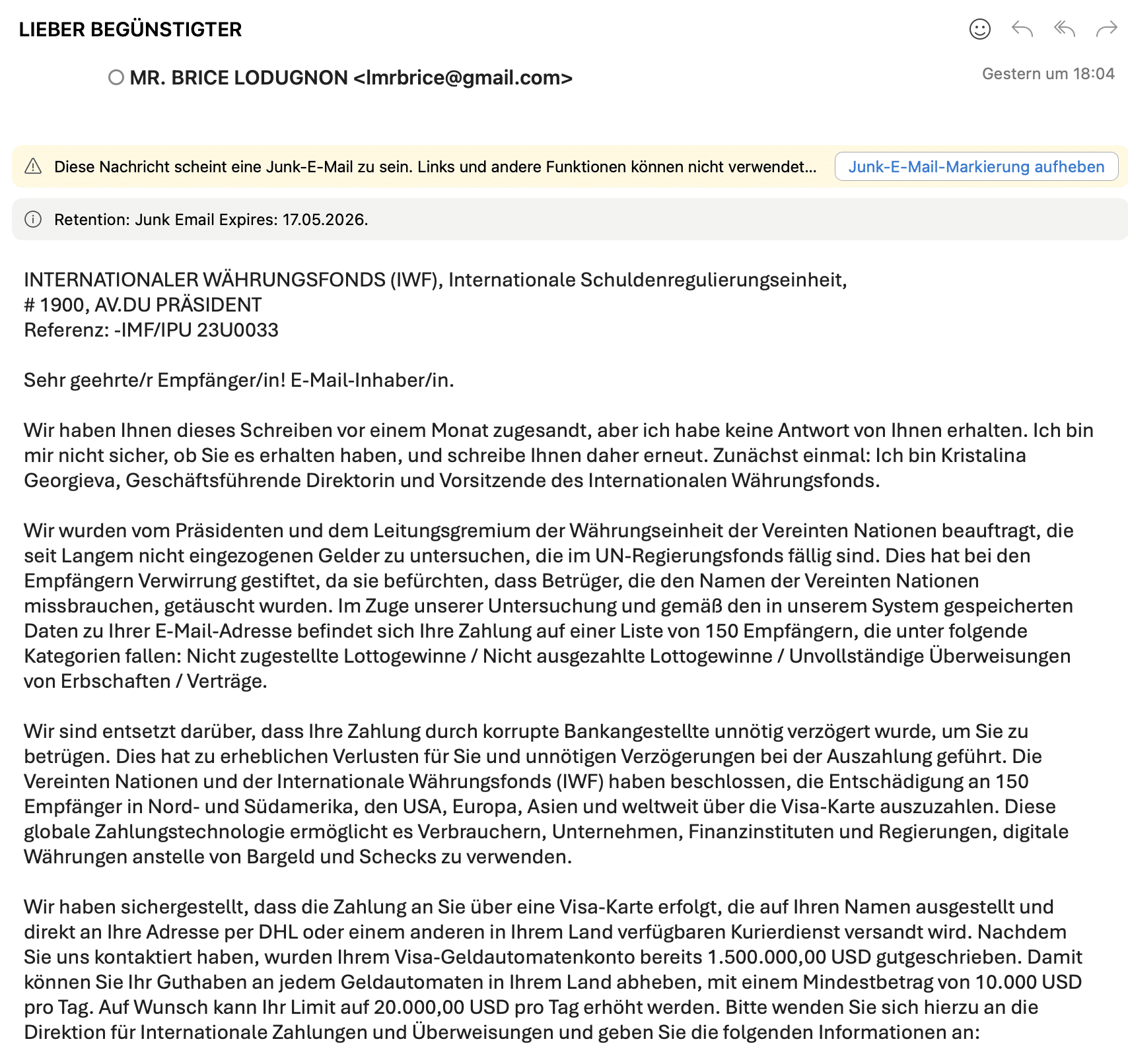 Screenshot: Betrugswarnung im Namen von IWF