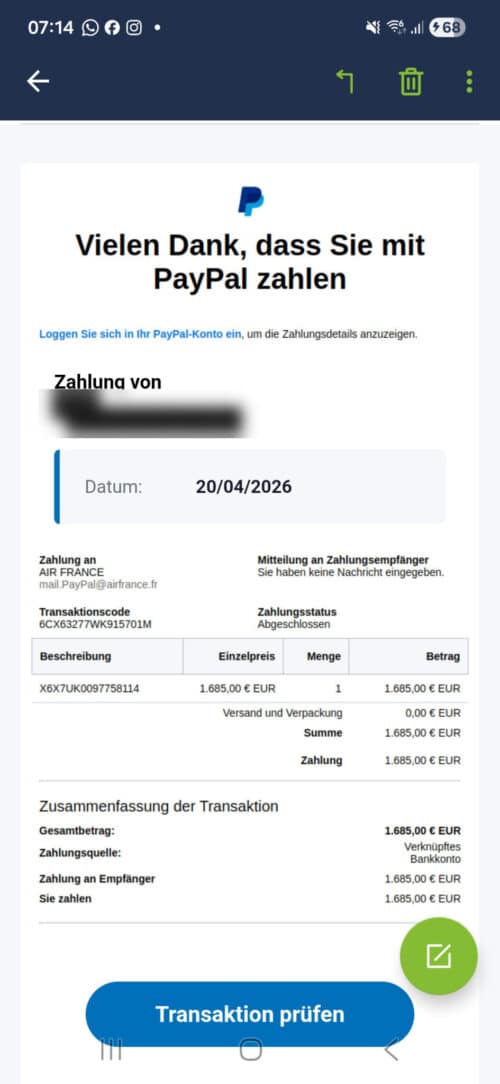 Screenshot: PayPal Fake-Zahlungsaufforderung