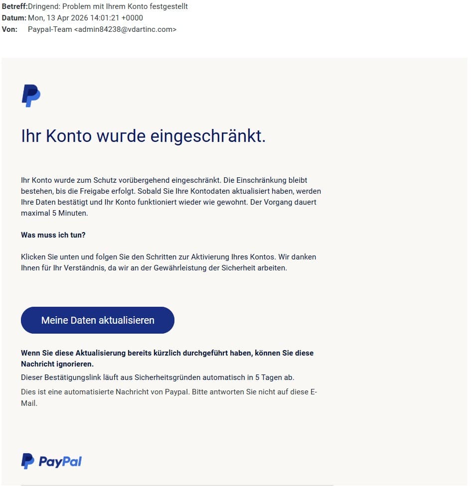 Screenshot: PayPal-Kontosperrung per Fake-Mail