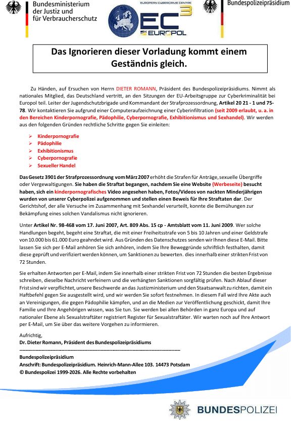 Screenshot: Fake-Vorladung im Namen von EUROPOL