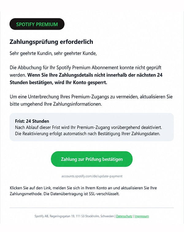 Spotify: Gefälschte E-Mail zu angeblicher Zahlungsprüfung