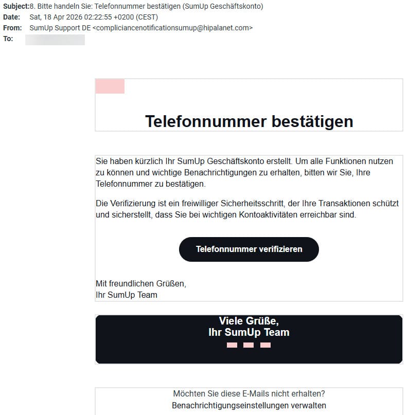 Screenshot: SumUp Fake-Bestätigung der Telefonnummer