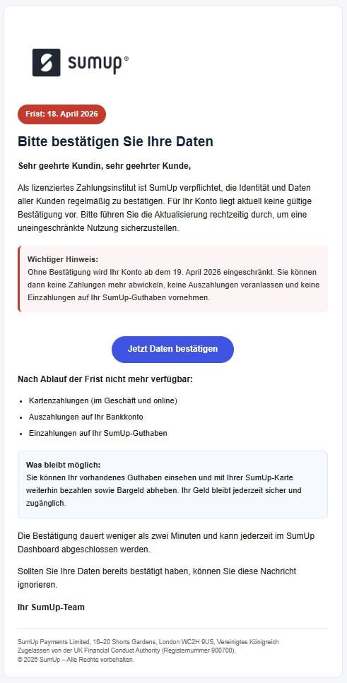 Screenshot: Sumup Fake-Kontosperrung zur Datenbestätigung