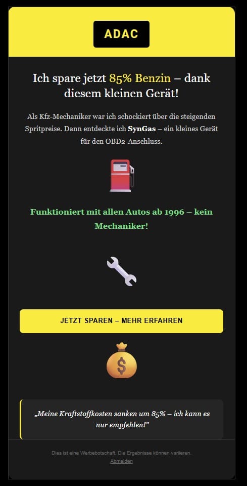 Screenshot: ADAC Fake-Nachricht mit Benzin-Trick