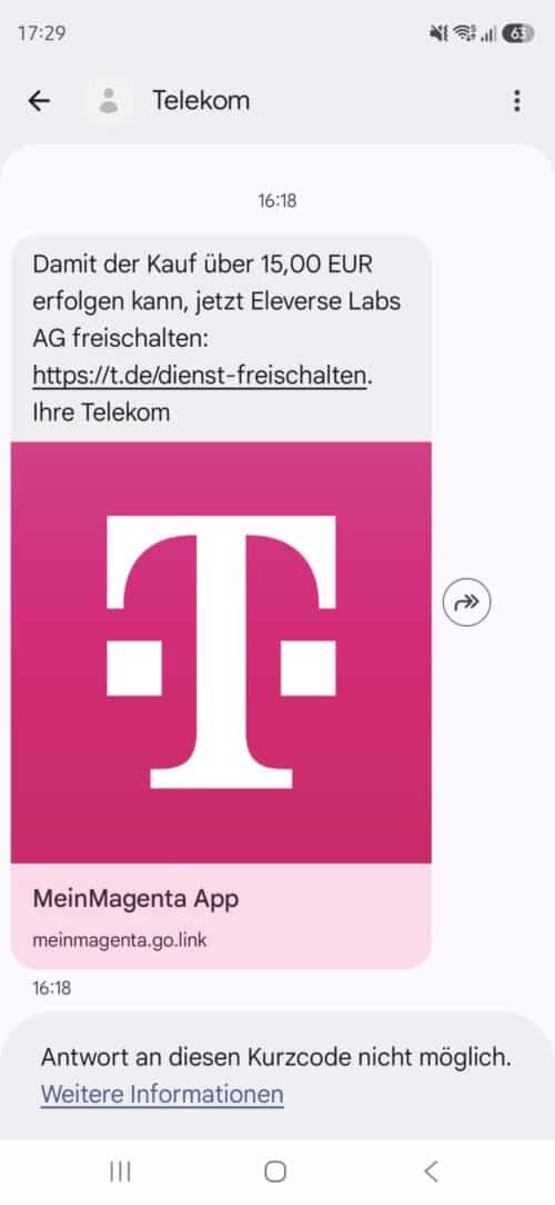 Screenshot: Betrugsmasche über missbräuchlich genutzte Telekom-Dienste (Abo-Falle)