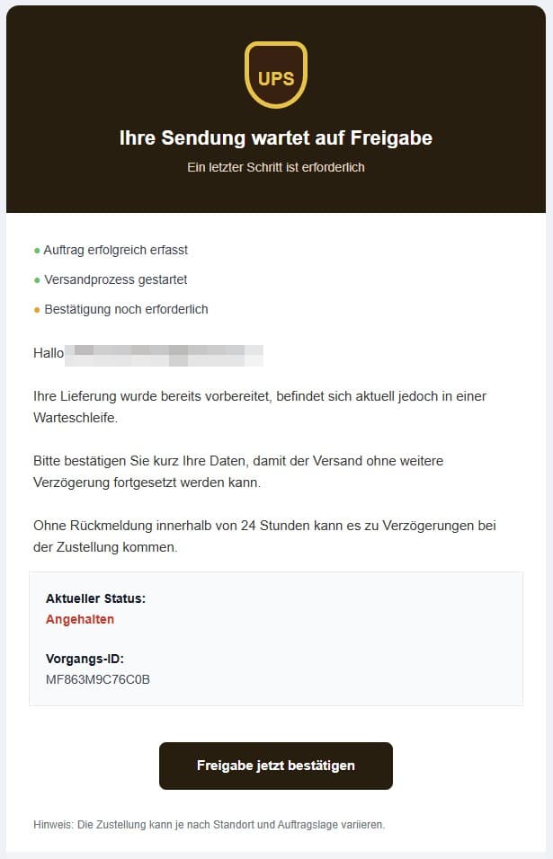 Screenshot: UPS Paketbetrug per Freigabe-Mail