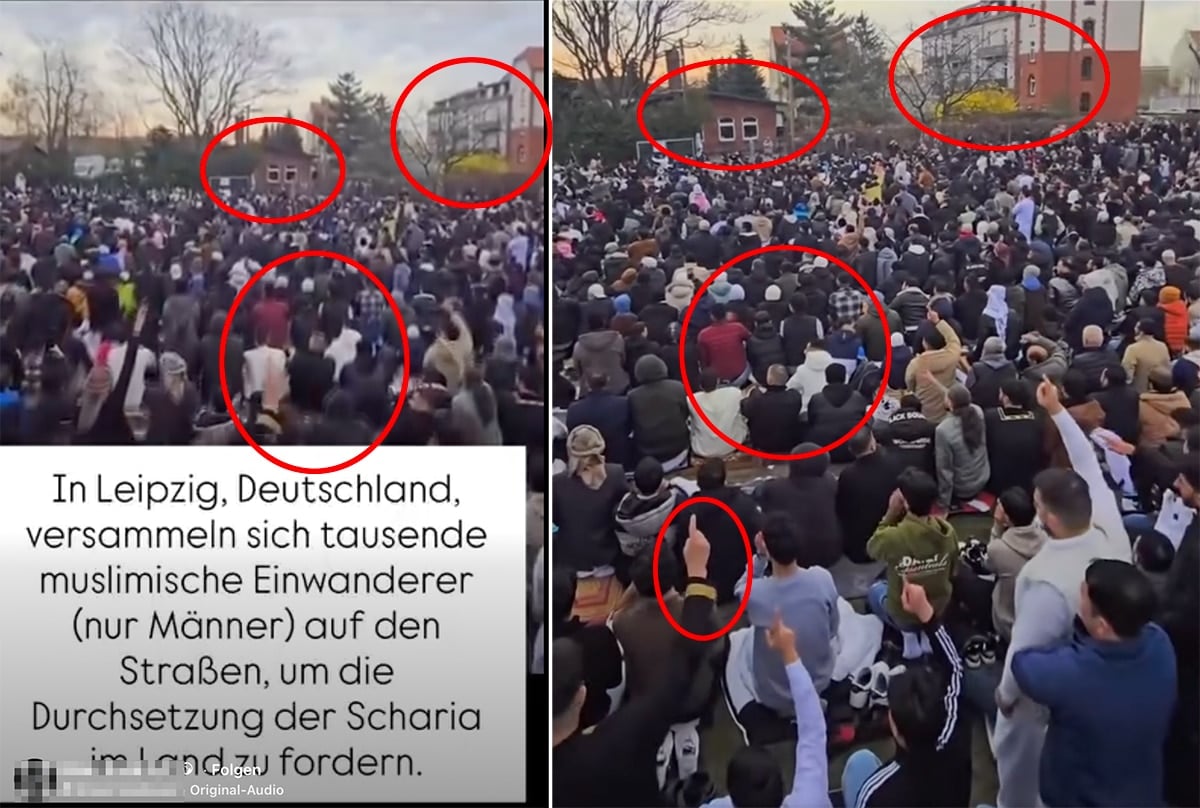 Links: Video-Screenshot mit Scharia-Behauptung. Rechts: Video-Screenshot des Facebook-Beitrags vom 31. März 2025 zum Eid-Gebet | Markierungen auffälliger Details in beiden Videos: Mimikama