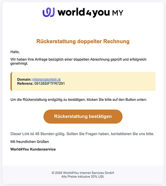 Screenshot: Fake-Rückerstattung im Namen von world4you