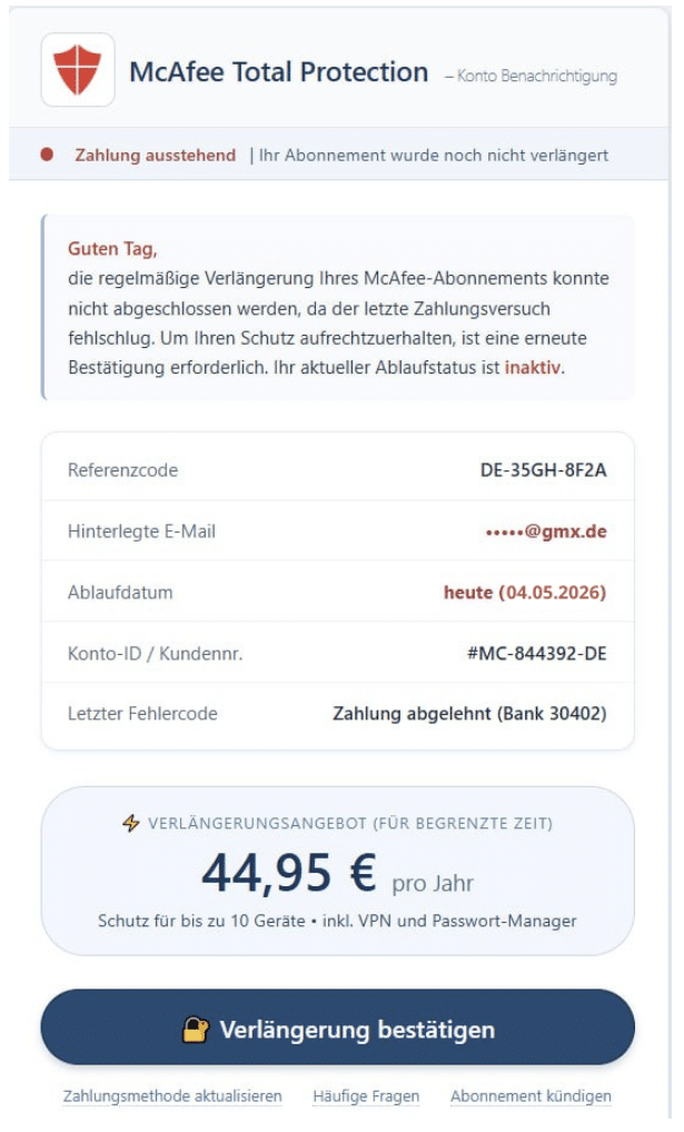 Screenshot: Phishing im Namen von McAfee