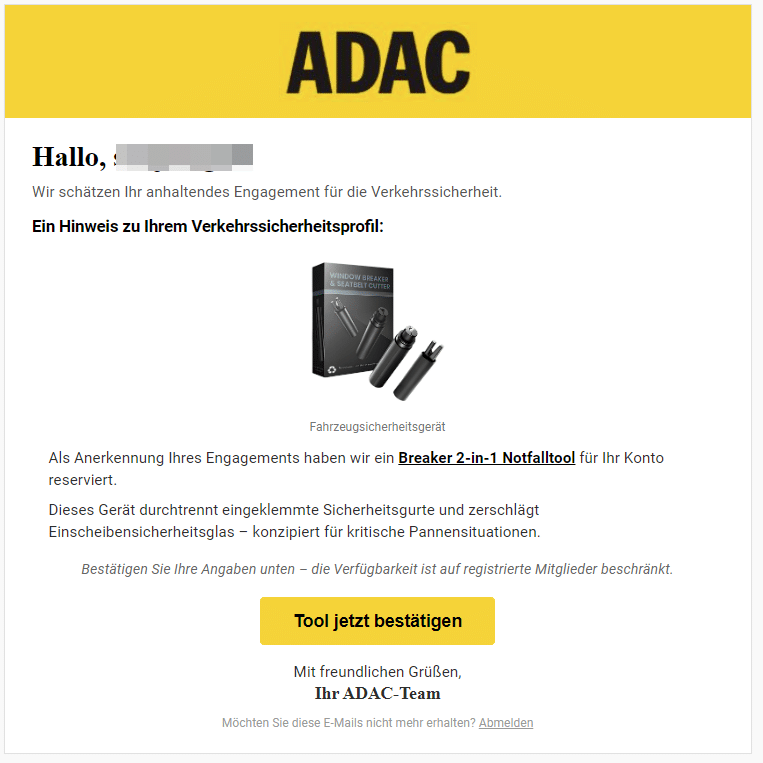 Screenshot: ADAC-Mail lockt mit Gratis-Tool