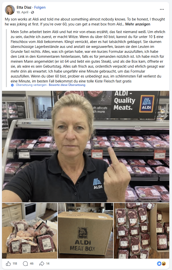 Aldi-Fleischpaket für Senioren als kostenlose Aktion beworben