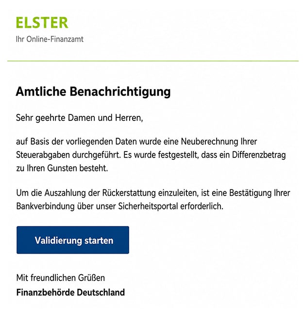 Screenshot: Phishing im Namen von ELSTER: Angebliche Rückerstattung nach Neuberechnung