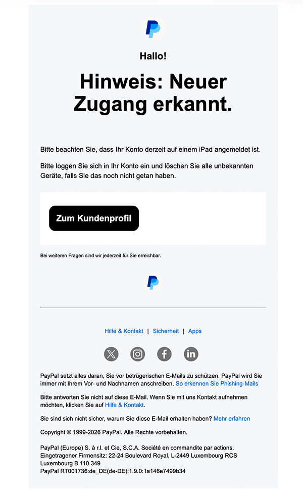 Screenshot: „Neuer Zugang erkannt“: Diese PayPal-Mail ist eine Falle