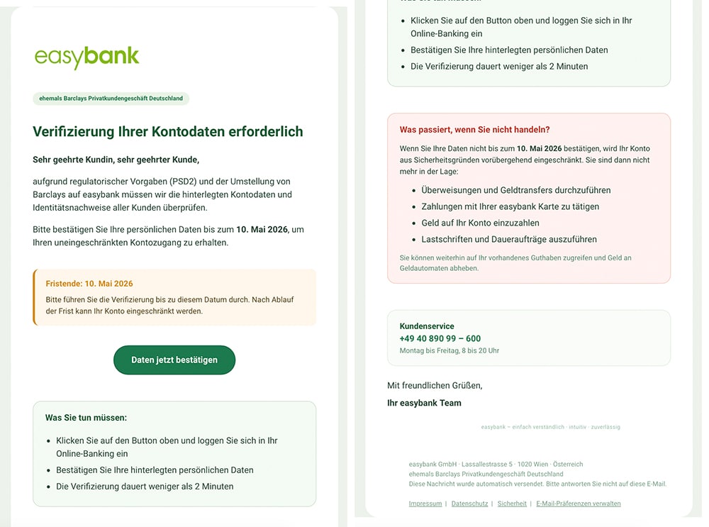 Screenshot: Gefälschte easybank-Mail fordert Verifizierung der Kontodaten