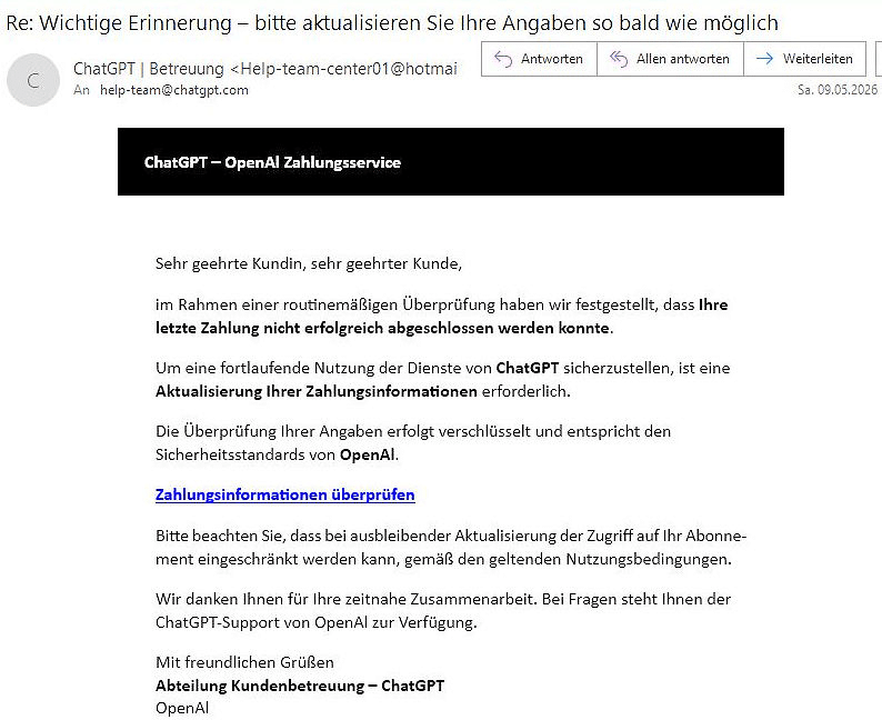 Screenshot: ChatGPT-Zahlung angeblich abgelehnt? Diese Mail ist Betrug