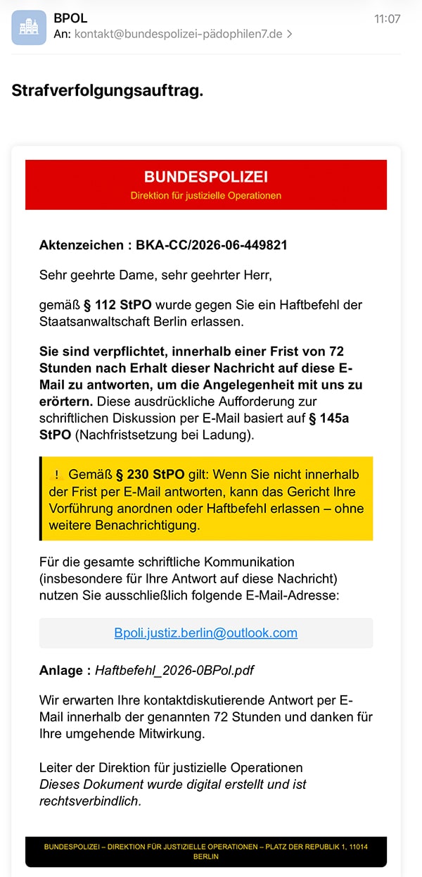 Screenshot: Phishing mit angeblichem Haftbefehl der Bundespolizei