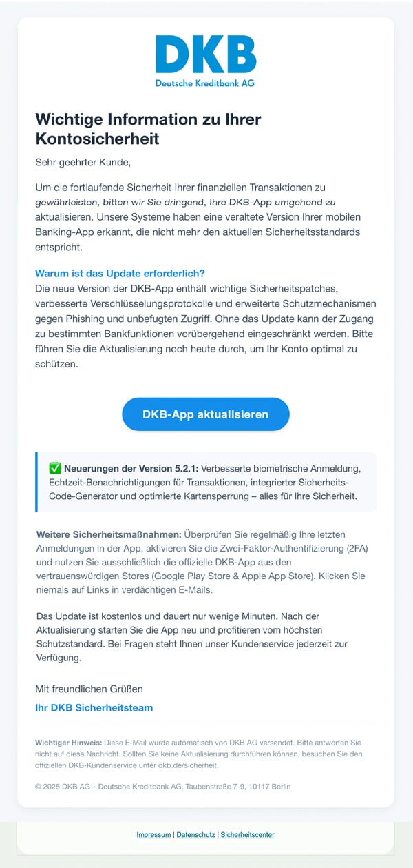 Screenshot: Gefälschte E-Mail zu angeblichem App-Update von der DKB