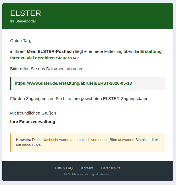 Screenshot: Fake-ELSTER-Mail zur Steuererstattung