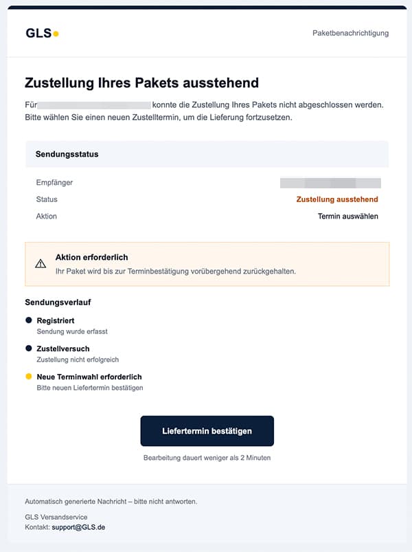 Screenshot: „Zustellung Ihres Pakets ausstehend“ – Phishing im Namen von GLS