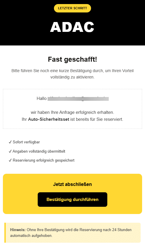 Screenshot: Fake-Bestätigung im Namen des ADAC