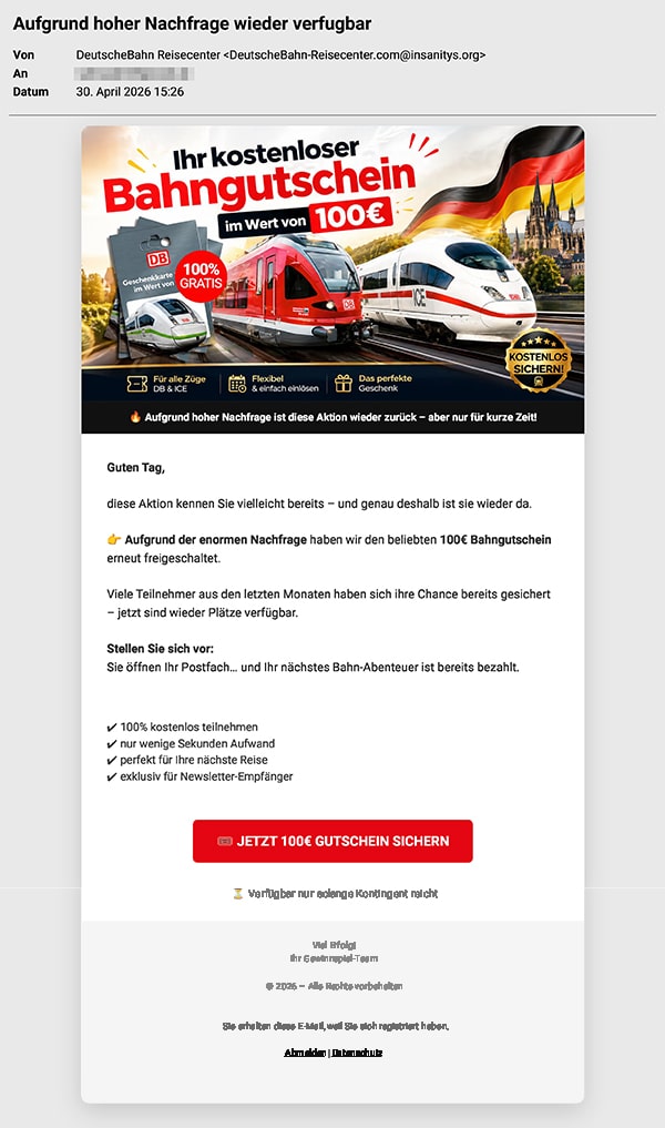 Screenshot: Kostenloser 100€-Bahn-Gutschein als Lockangebot
