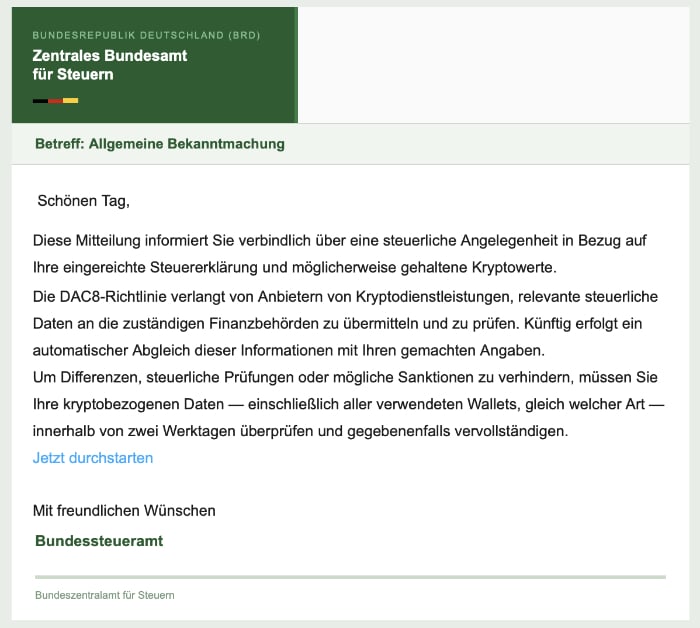 Screenshot: Bundeszentralamt für Steuern: Gefälschte E-Mail fordert Wallet-Daten