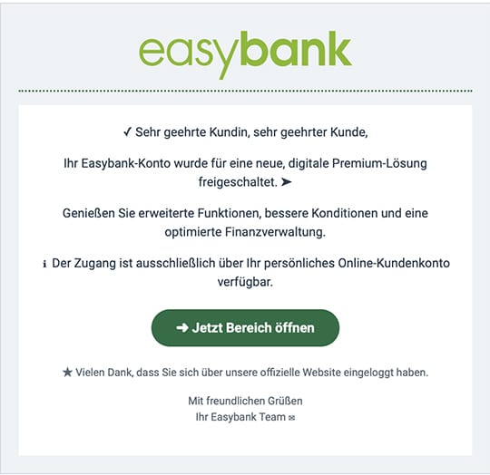 Screenshot: Angebliche „Premium-Lösung“: Phishing im Namen von easybank