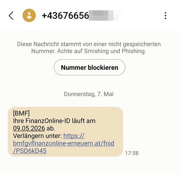 Screenshot: FinanzOnline-ID soll über Link erneuert werden