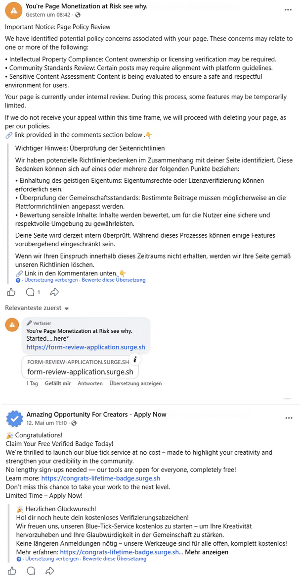 Screenshot: Fake-Seitenwarnung im Namen von Facebook
