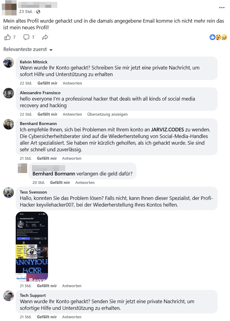 Facebook-Konto gehackt: Warum unter solchen Posts sofort dubiose „Helfer“ auftauchen