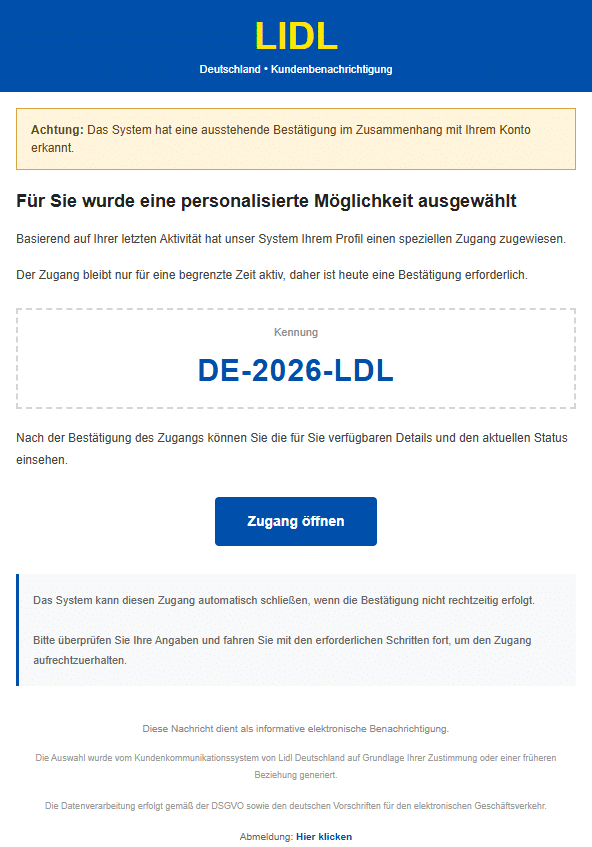 Screenshot: Phishing im Namen von LIDL