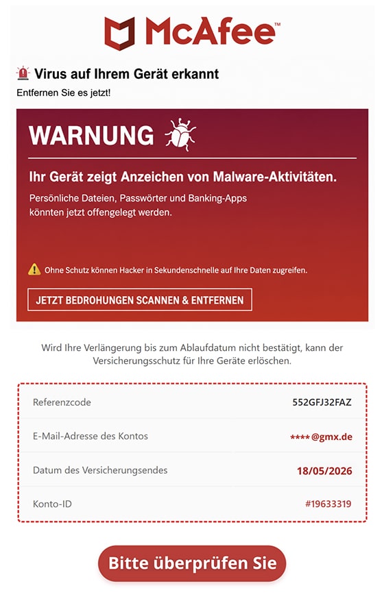 Screenshot: Fake-Virenschutzwarnung im Namen von McAfee