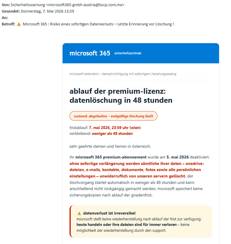 Screenshot: Phishing im Namen von Microsoft 365